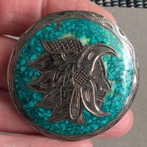 Turquoise and Silver Brooch with Tribal Design